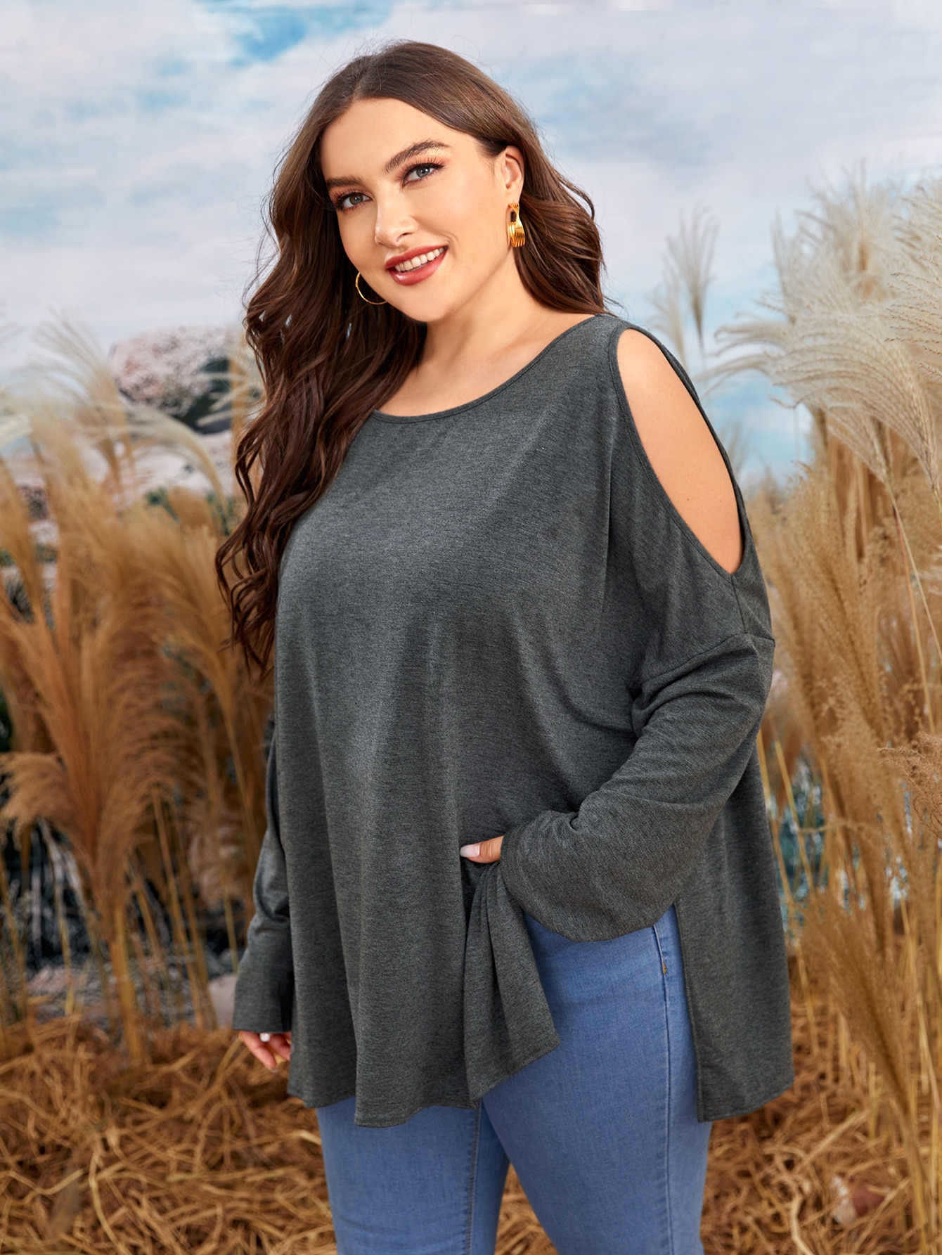 Plus Cold Shoulder Tulip Back Oversized Tee thumbnail
