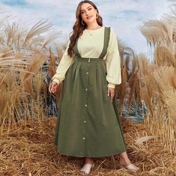 

Plus Solid Sweatshirt & Ruffle Trim Pinafore Skirt, Multicolor