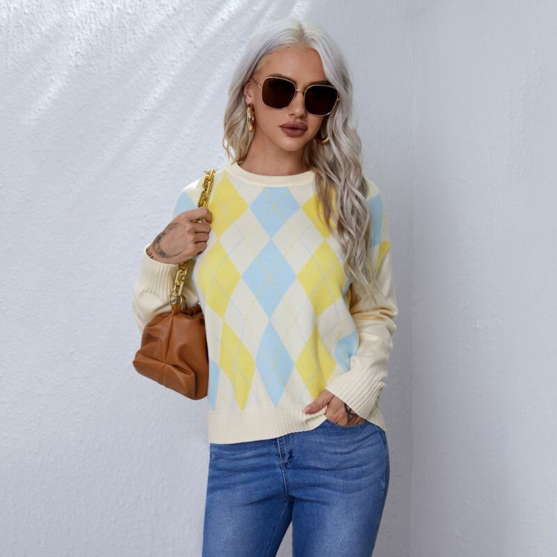 

Drop Shoulder Argyle Sweater, Multicolor