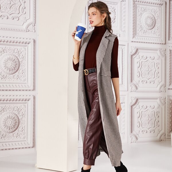 

Houndstooth Lapel Long Vest Without Belt, Multicolor