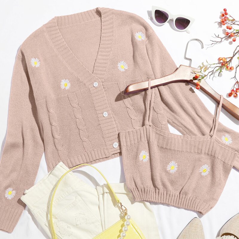 

Button Front Daisy Floral Embroidered Cardigan With Cami, Pastel baby pink