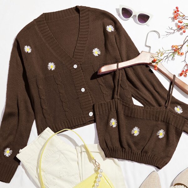 

Button Front Embroidered Detail Cardigan With Camisole, Chocolate brown