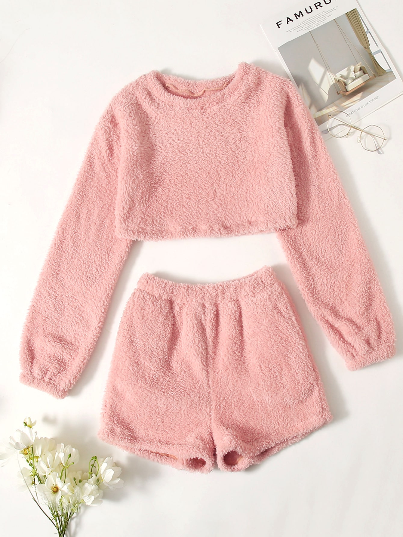 Teddy Solid Crop Top & Shorts Lounge Set thumbnail