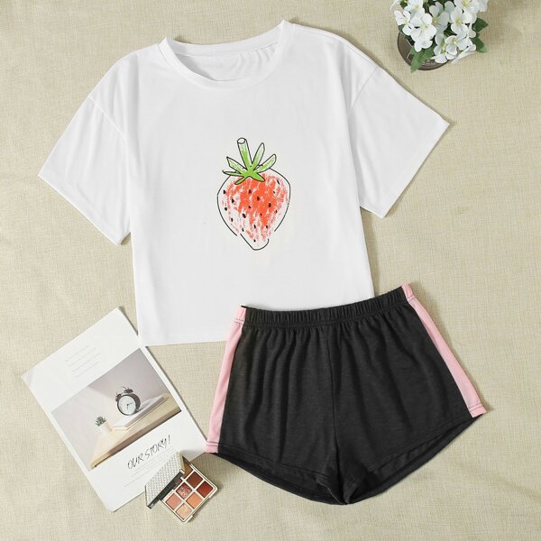 

Strawberry Print Tee & Side Panel Shorts PJ Set, Black and white