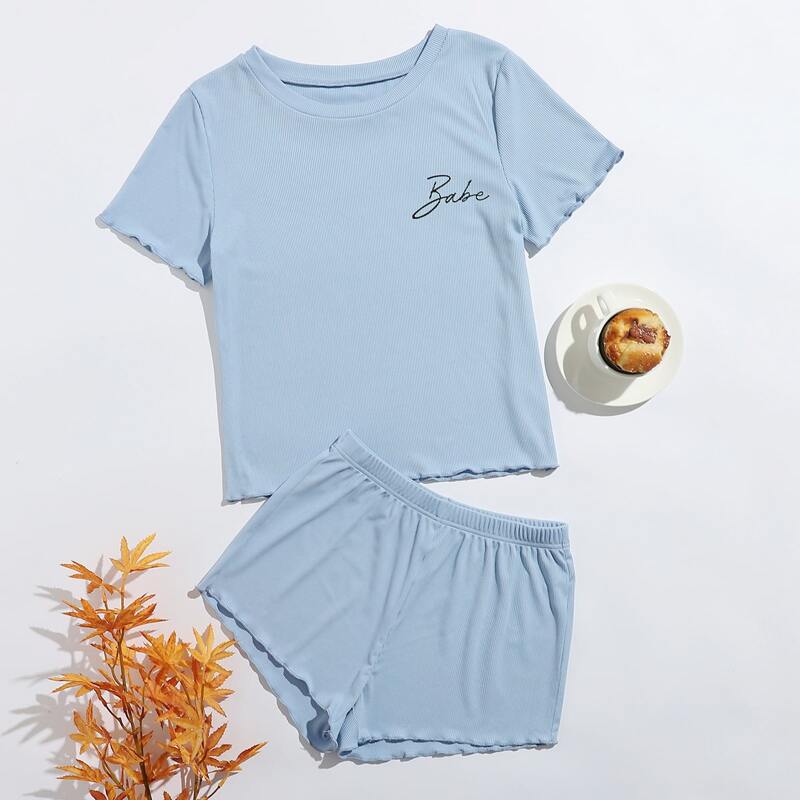

Letter Graphic Lettuce Trim PJ Set, Baby blue