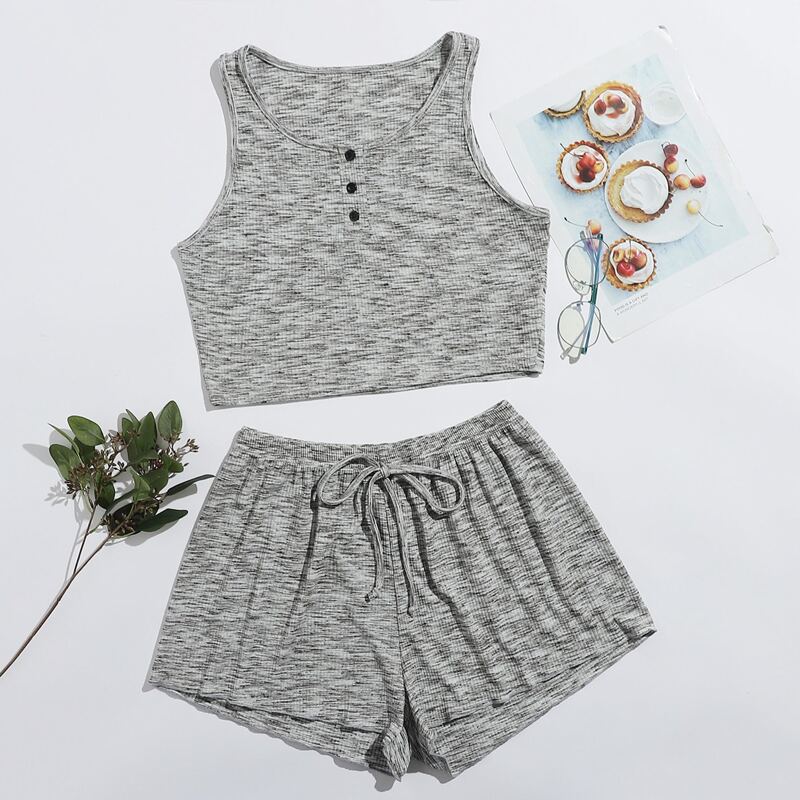 

Buttoned Space Dye Tank Top & Shorts PJ Set, Grey