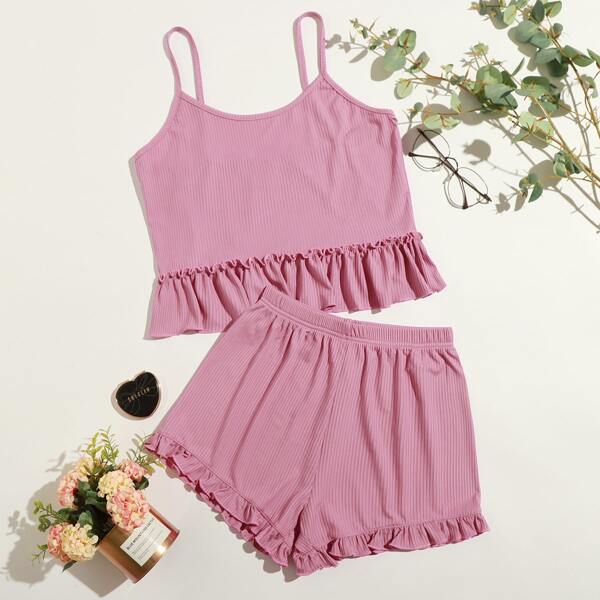 

Ruffle Hem Rib-knit Cami Top & Shorts PJ Set, Pink