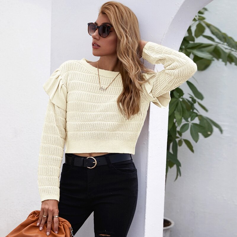 

Ruffle Trim Drop Shoulder Crop Sweater, Beige