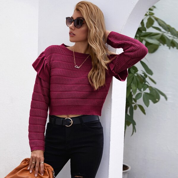 

Ruffle Trim Drop Shoulder Crop Sweater, Rose red