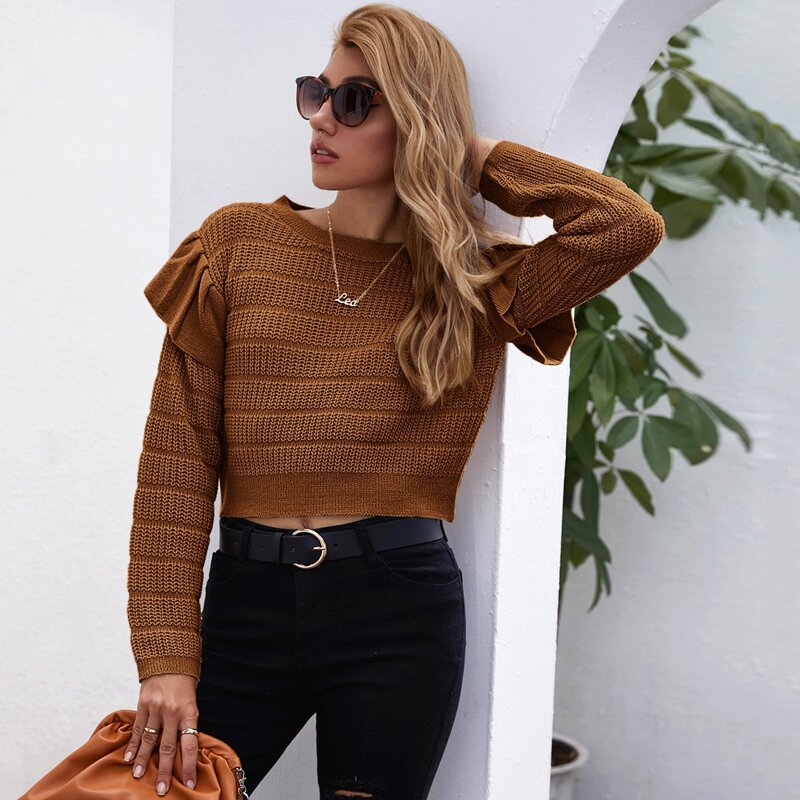 

Ruffle Trim Drop Shoulder Crop Sweater, Brown