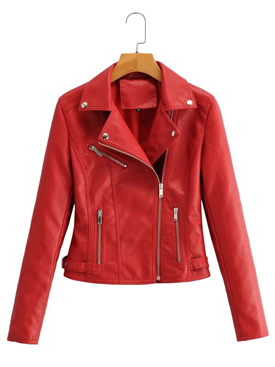 SHEIN EZwear Lapel Collar Zip Up PU Biker Jacket - Red - View 1