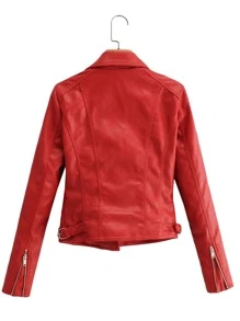 SHEIN EZwear Lapel Collar Zip Up PU Biker Jacket - Red - View 2