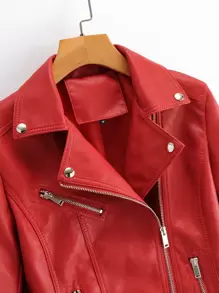 SHEIN EZwear Lapel Collar Zip Up PU Biker Jacket - Red - View 3
