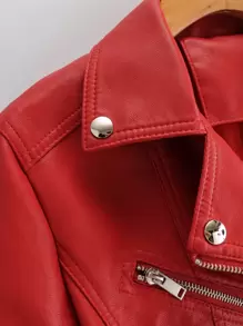 SHEIN EZwear Lapel Collar Zip Up PU Biker Jacket - Red - View 4
