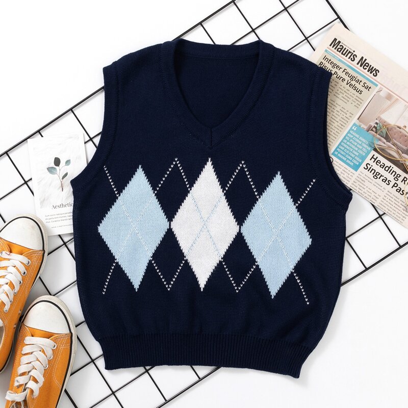

Argyle Pattern V-neck Sweater Vest, Navy blue