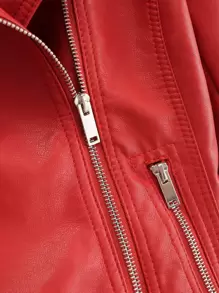 SHEIN EZwear Lapel Collar Zip Up PU Biker Jacket - Red - View 6