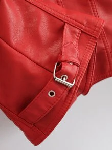SHEIN EZwear Lapel Collar Zip Up PU Biker Jacket - Red - View 8