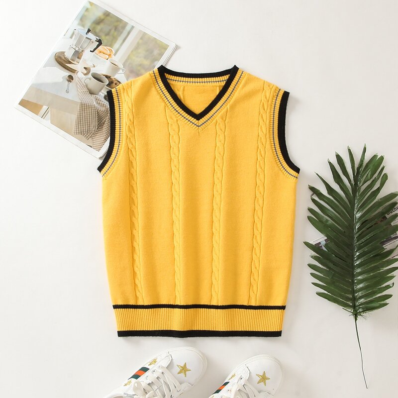 

Contrast Binding Cable Knit Sweater Vest, Yellow