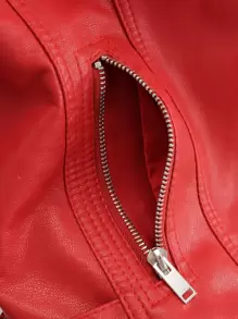SHEIN EZwear Lapel Collar Zip Up PU Biker Jacket - Red - View 10