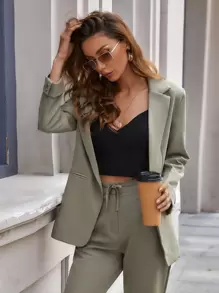 Blazer de parte delantera abierta de cuello con solapa - Verde militar - Ver 1