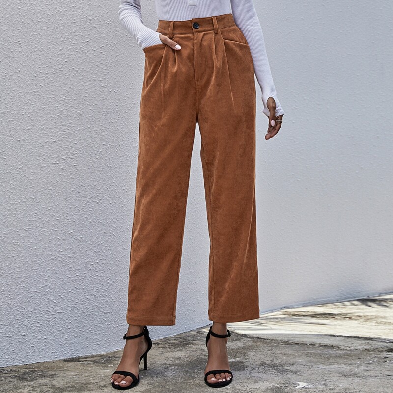 

Corduroy Solid Straight Leg Pants, Brown