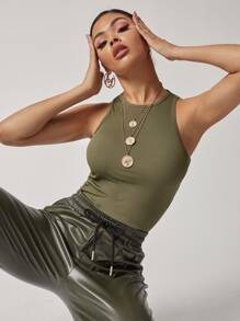 SHEIN BAE Solid Fitted Crop Tank Top - Army Green - View 1