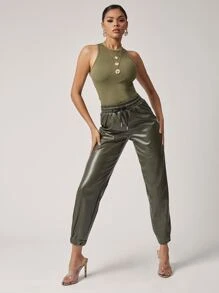 SHEIN BAE Solid Fitted Crop Tank Top - Army Green - View 3