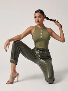 SHEIN BAE Solid Fitted Crop Tank Top - Army Green - View 5