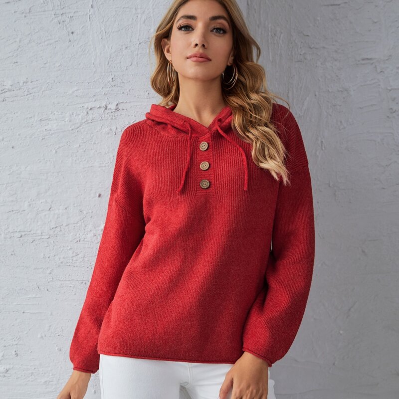 

Button Front Drawstring Hooded Sweater, Red
