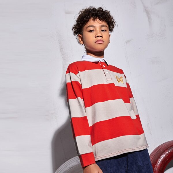 

Boys Butterfly Embroidery Striped Polo Shirt, Multicolor