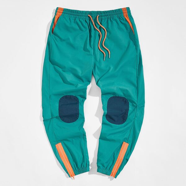 

Men Contrast Panel Zip Hem Cargo Pants, Cadet blue