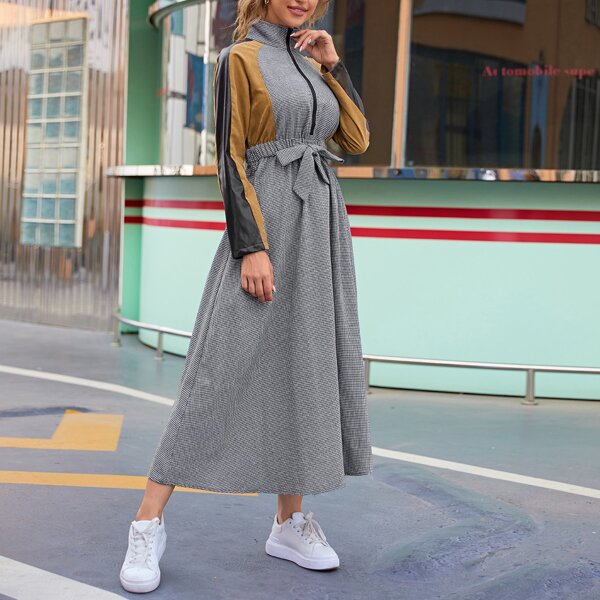 

Contrast Panel Knotted Front Dresses, Grey