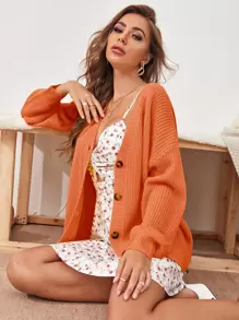 Button Up Drop Shoulder Cardigan - Orange - View 1