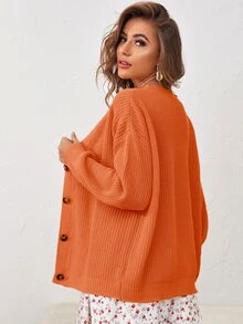 Button Up Drop Shoulder Cardigan - Orange - View 2