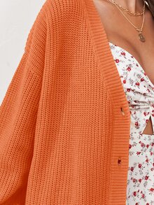 Button Up Drop Shoulder Cardigan - Orange - View 3