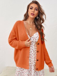 Button Up Drop Shoulder Cardigan - Orange - View 5