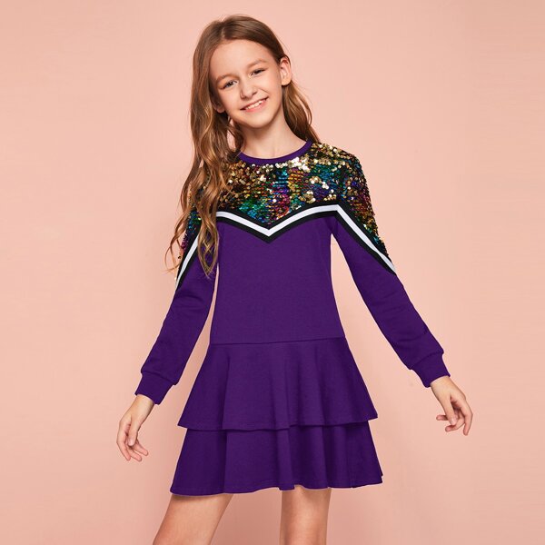 

Girls Contrast Sequin Striped Tape Layered Ruffle Sweatshirt Dress, Purple