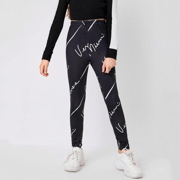 

Girls Letter Graphic Leggings, Black