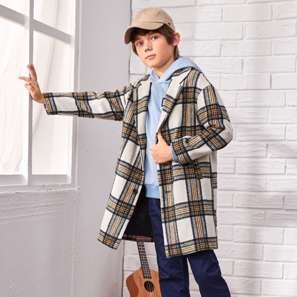 

Boys Lapel Neck Plaid Overcoat, Multicolor