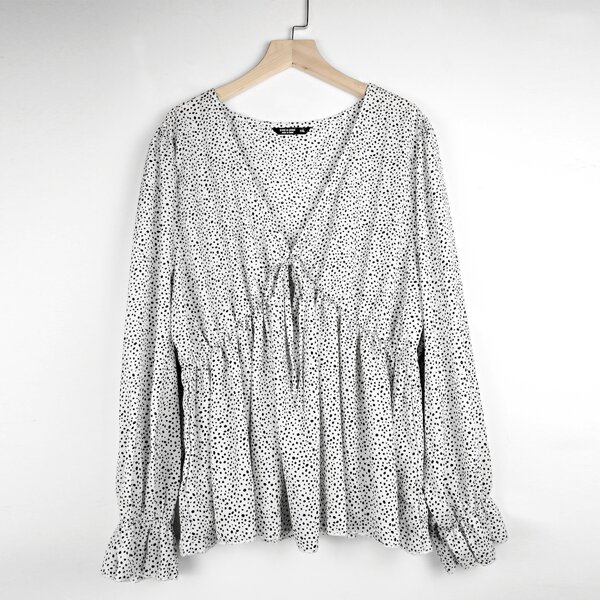 

Plus Allover Print Flounce Sleeve Peplum Blouse, White