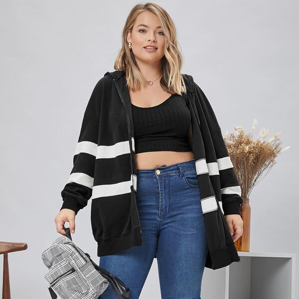 

Plus Striped Drawstring Hooded Jacket, Black and white