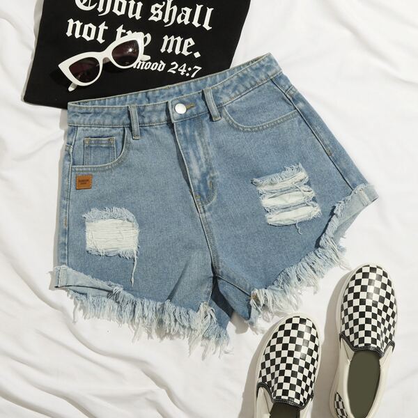 

Patch Detail Ripped Fringe Hem Denim Shorts, Light wash