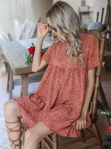 SHEIN Holidaya 滿版圖案娃娃裙 - 珊瑚橙 - 查看 5