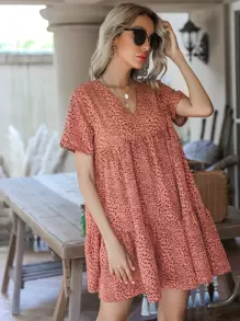 SHEIN Holidaya 滿版圖案娃娃裙 - 珊瑚橙 - 查看 7