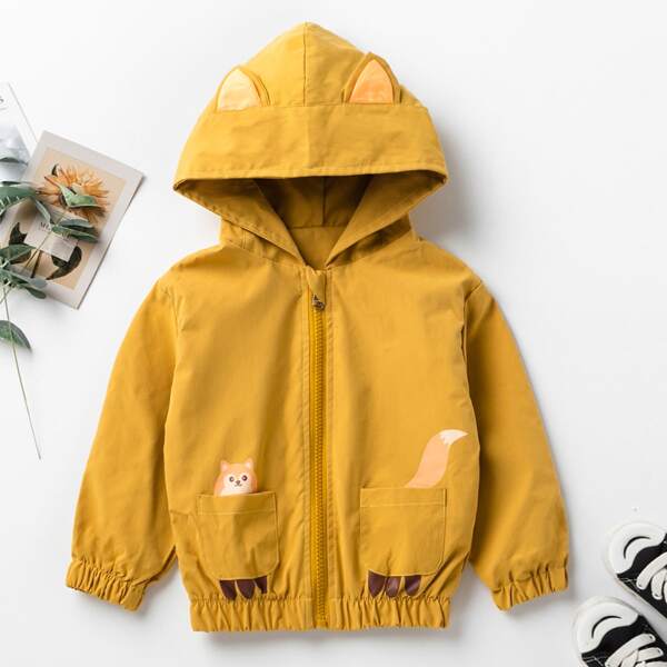 

Toddler Boys Cartoon Graphic 3D Ear Patched Hooded Jacket, Mustard yellow