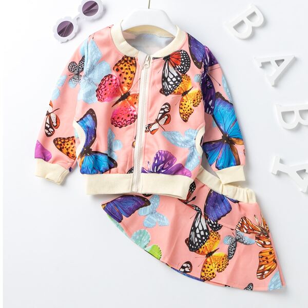 

Toddler Girls Butterfly Print Bomber Jacket & Skirt, Multicolor