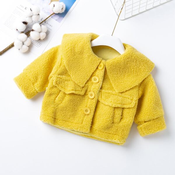 

Toddler Girls Sailor Collar Flap Pocket Teddy Coat, Yellow