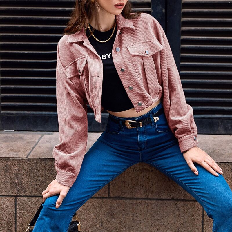 

Drop Shoulder Button Front Corduroy Jacket, Dusty pink