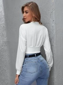 SHEIN EZwear Drop Shoulder Long Sleeve Crop Top - White - View 2