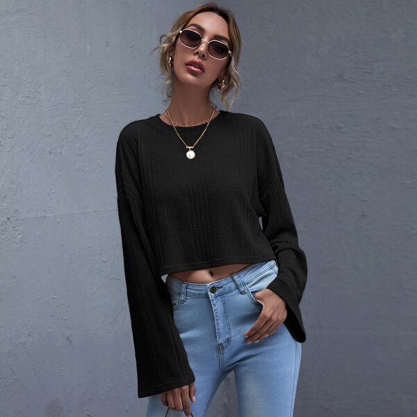 

Drop Shoulder Rib-knit Top, Black